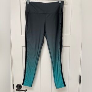 BCBG Teal & Grey Leggings w/ black velvet accent stripe, high waisted, pocket, L